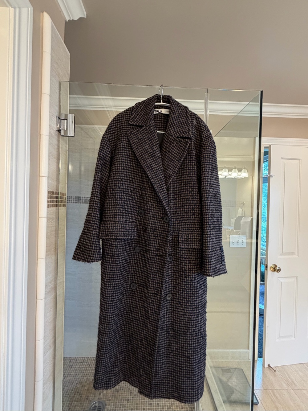 Zara Black & Gray Houndstooth Long Trench Coat XS
